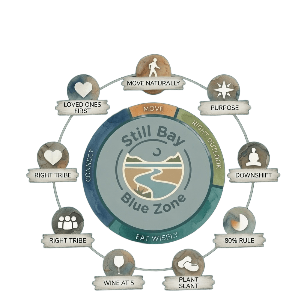 The Still Bay Blue Zone principles: Move Naturally, Purpose, Downshift, 80% Rule, Plant Slant, Wine at 5, Right Tribe, Loved Ones First
